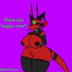 1:1 anthro areola big_breasts breasts clothed clothing clothing_lift demon dialogue dragon female genitals gloves glowing handwear hi_res horn huge_breasts jewelry legwear nipples pussy raised_clothing raised_topwear retr0foxx shirt solo stockings tail_jewelry tail_ring tank_top thick_thighs topwear valerie_(retr0foxx)