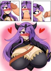 1girls blush camilla_(fire_emblem) cleavage cum cum_eating cum_in_mouth cum_on_breasts cum_on_chin cum_on_face cumshot fellatio fire_emblem fire_emblem_fates hair_over_one_eye heart heavy_blush huge_breasts long_hair nintendo oral penis_awe purple_eyes purple_hair swallowing_cum yinseiryu