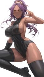 1girls big_breasts bleach breasts cleavage dark-skinned_female dark_skin female female_only hair hair_accessory large_breasts leotard long_hair purple_hair shihouin_yoruichi sideboob solo thighhigh_boots thighhighs thighs yohan1754