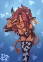 1girls 2d bikini cow_bikini cow_ears cow_girl cow_horns cow_print cowgirl dnd fantasy horns jonathanpt red_hair sofia(jonathanpt) solo tail tiefling