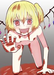 abichandayo blonde_hair blood blood_on_face blood_splatter bloody_hands blush breasts commentary_request crystal female flandre_scarlet looking_at_viewer nude oerba_yun_fang open_mouth reaching_out red_eyes short_hair side_ponytail small_breasts smile touhou wings