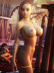 3d 3girls ass black_hair braid braided_hair femsub french_nails gold_chains green_eyes harem harem_girl huge_breasts jewelry jewelry_only lamuserie looking_at_viewer original original_characters pussy shaved_pussy slave slavegirl submissive_female voluptuous