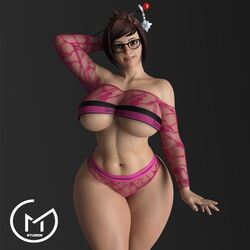 1girls 3d bare_shoulders breasts brown_eyes brown_hair crop_top curvy female female_only glasses gm_studios hand_behind_head hourglass_figure large_breasts mei_(overwatch) overwatch panties posing smile solo thick_thighs tied_hair underboob wide_hips