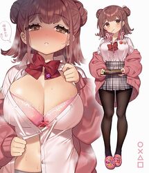 1girls black_legwear blush bow bowtie bra bra_peek breasts brown_eyes brown_hair button_gap cleavage collared_shirt dress_shirt female female_only gamer_girl grey_skirt headphones headphones_around_neck heavy_breathing high-waist_skirt highres jacket large_breasts long_sleeves looking_at_viewer medium_hair midriff_peek miniskirt multiple_views nose_blush off_shoulder open_clothes open_jacket original pantyhose parted_lips partially_unbuttoned pink_bra pink_jacket plaid plaid_skirt pleated_skirt puffy_sleeves sakura_yuki_(clochette) school_uniform shirt shirt_tucked_in shoes simple_background skindentation skirt solo solo_female standing sweat underwear white_background white_shirt