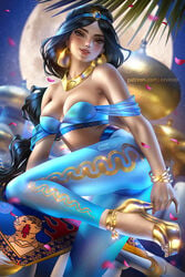 aladdin arab arabian ayyasap belly_dancer belly_dancer_outfit black_hair brown_eyes cleavage dancer_outfit disney disney_princess gold_(metal) gold_fingernails gold_heels gold_jewelry gold_nail_polish gold_nails gold_toenail_polish gold_toenails harem_girl harem_outfit harem_pants heel_grab high_heels islamic_architecture jewelry large_breasts long_hair looking_at_viewer metallic_nail_polish middle_eastern middle_eastern_female mosque muslim muslim_female open_toe_shoes princess_jasmine realistic royalty