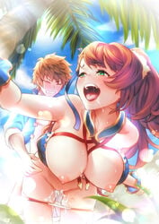 1boy bangs bare_shoulders beach beatrix_(granblue_fantasy) bent_over bikini bikini_pull blue_sky blush breasts breasts_out brown_hair closed_eyes clothes_pull cum cum_in_pussy day detached_collar female gran_(granblue_fantasy) granblue_fantasy green_eyes highres large_breasts long_hair nipples open_mouth palm_tree ponytail pussy sex short_hair sky smile straight sunlight swept_bangs swimsuit thighs tkhs tree vaginal_penetration wrist_cuffs