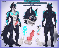 animal_genitalia animal_penis anthro ass balls black_body canid canine canine_penis canis digital_media_(artwork) english_text erection fur genitals hair knot leonifa looking_at_viewer male mammal markings model_sheet nude penis simple_background smile solo standing text tribal tribal_markings wolf