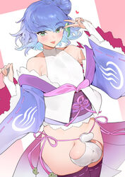 1boy ball_bra balls_in_panties big_balls_small_penis blue_hair blush crossdressing femboy girly huge_balls iku_(ikuchan_kaoru) original original_character oversized_balls partially_visible_genitals partially_visible_testicles penis_accessory side-tie_panties small_penis smile solo tamabukuro_yutaka thighhighs trap v