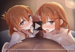 1boy 2girls blush brown_eyes brown_hair censored collarbone eyebrows_visible_through_hair folded_ponytail hair_between_eyes hair_ornament hairclip ikazuchi_(kantai_collection) inazuma_(kantai_collection) kantai_collection long_hair mosaic_censoring multiple_girls myht nude penis short_hair tongue tongue_out