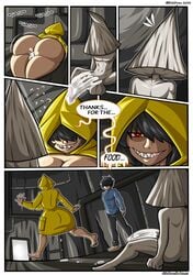 after_sex big_ass big_breasts comic cum cum_in_ass english_text little_nightmares lustful_gaze nome_(little_nightmares) outerwear raincoat red_eyes richdraw runaway_kid_(little_nightmares) six_(little_nightmares) text thick_thighs wide_hips