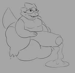 alphys anthro balls belly big_balls big_penis blush bodily_fluids bottomless breasts buckteeth captainelderly cleavage clothed clothing cum cum_drip cum_from_penis cum_on_ground dripping erection eyewear foreskin front_view futa_only futanari genital_fluids genitals glasses gynomorph hand_on_penis huge_balls huge_cock huge_hips huge_thighs humanoid_genitalia humanoid_penis hyper hyper_balls hyper_genitalia hyper_penis intersex lizard looking_up medium_breasts monochrome non-mammal_breasts obese obese_anthro obese_gynomorph obese_intersex open_mouth open_smile overweight overweight_anthro overweight_gynomorph overweight_intersex penis poking_out reptile scalie shortstack simple_background smile solo sweat teeth thick_tail thick_thighs three-quarter_view topwear uncut undertale video_games wide_hips