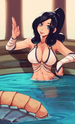 1girls bathing bikini_top black_hair blue_eyes chimi_(raichiyo33) fingerless_gloves lamia looking_at_viewer monster_girl raichiyo33 snake_girl voluptuous