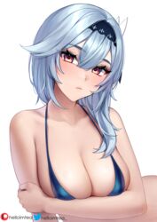 1girls big_breasts bikini bikini_top blue_hair breast_hold breasts cleavage eula_(genshin_impact) female genshin_impact helloimtea looking_at_viewer solo tits