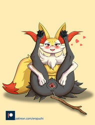 2018 3_fingers 3_toes anthro anus ass bedroom_eyes black_body black_fur blush bodily_fluids braixen canid canine claws clitoris cute_fangs eropuchi facial_tuft feet female fingers fur gaping gaping_pussy genital_fluids genitals hand_on_leg hand_on_thigh heart inner_ear_fluff inviting legs_up looking_at_viewer mammal multicolored_body multicolored_fur narrowed_eyes neck_tuft nintendo nude open_mouth open_smile patreon pawpads pokémon_(species) pokemon pokemon_(species) presenting presenting_pussy pussy pussy_juice pussy_juice_string red_body red_eyes red_fur red_nose seductive simple_background smile solo spread_legs spread_pussy spreading stick toe_claws toes tuft video_games white_body white_fur yellow_background yellow_body yellow_fur