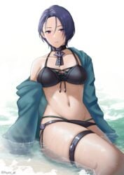 1girls absurdres bare_legs bare_midriff bikini black_bikini blue_hair breasts commentary_request female fire_emblem fire_emblem:_three_houses furo_atsushi highres homomomomon huge_filesize jewelry looking_at_viewer navel necklace nintendo open_clothes partially_submerged purple_eyes purple_hair shamir_nevrand solo_female swimsuit towel water water_drop white_background