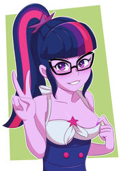 1girls areola_slip bespectacled blush breasts equestria_girls female female_only friendship_is_magic glasses hasbro long_hair looking_at_viewer morfinared mostly_nude my_little_pony nipple_slip one-piece_swimsuit peace_sign ponytail sci-twi solo swimsuit swimsuit_pull teasing twilight_sparkle_(mlp)