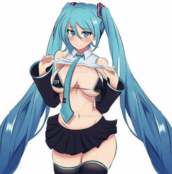 1girls azmiyudista belly_button bikini_bottom black_bikini black_bra black_skirt blue_eyes blue_hair blush bra breasts curvy curvy_female curvy_figure hatsune_miku long_hair medium_breasts navel pigtail shirt_lift short_skirt skirt thick_thighs thighs twintails vocaloid