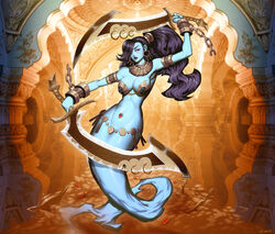 arabian_mythology black_hair blue_skin cleavage djinn fantasy genie genzoman hair_over_one_eye large_breasts long_hair middle_eastern_mythology navel_piercing sword wrist_cuffs