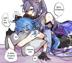 2girls against_bed bangs bare bell black_gloves blue_hair blue_shirt breast_press choker closed_eyes eye_contact eyebrows eyelashes eyeliner fully_clothed ganyu_(genshin_impact) genshin_impact gloves goat_horns hair_between_eyes hair_ornament heavy_breathing horns keqing_(genshin_impact) long_hair long_sleeves lying lying_on_person on_back ornament pale-skinned_female pillow pillow_grab purple purple_eyes purple_hair rekka rubbing_pussy saliva shirt short_sleeves shoulders sleeves sleeves_past_elbows touching_hair trembling twintails white_background yuri