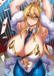 1girls 2021 armpits arms_above_head arms_up artoria_pendragon artoria_pendragon_(lancer) artoria_pendragon_(swimsuit_ruler) bangs bars belly_button blonde_hair blue_stockings blush breasts bunny_ears bunny_girl bunnysuit cage cameltoe cards cleavage detached_collar detached_cuffs detailed_background embarrassed exposed_belly exposed_shoulders eyebrows_visible_through_hair fate/grand_order fate_(series) female female_focus female_only fishnet_stockings fur_boa green_eyes hair_between_eyes highleg_leotard hikari_(komitiookami) hips huge_breasts leotard long_hair looking_at_viewer necktie necktie_between_breasts object_between_breasts playing_card slim_waist stockings thick_thighs thighs tight_clothing white_leotard wide_hips