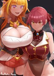 2girls absurdres aestheticc-meme breasts cleavage female female_only highres holoforce hololive hololive_fantasy hololive_japan houshou_marine huge_breasts kiryu_coco looking_at_viewer thick_thighs virtual_youtuber wide_hips