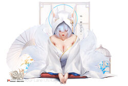 azur_lane cleavage female hood hu_dako kaga_(azur_lane) looking_down robe sitting tagme white_hair