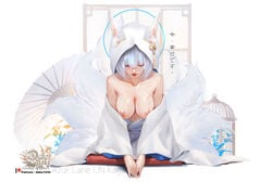 azur_lane breasts_out_of_clothes female hood hu_dako kaga_(azur_lane) looking_down nipples robe sitting solo tagme wedding_dress wet white_hair