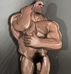 bald bara body_hair circumcised heavy_(team_fortress_2) male male_only muscles muscular muscular_male penis showering sniperstalker wet