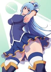 aqua_(konosuba) armpits arms_behind_head armwear blue_eyes blue_hair blush boots clothing green_background kono_subarashii_sekai_ni_shukufuku_wo! long_hair looking_at_viewer ponpo ponytail skirt smile solo stockings