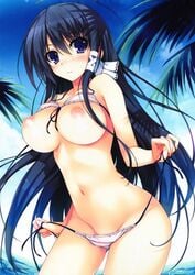 ahoge bikini bikini_lift black_hair blue_sky blush breasts day female front-tie_bikini front-tie_top full-face_blush large_breasts long_hair looking_at_viewer mizuno_rin nipples palm_tree perky_breasts pink_bikini purple_eyes reminiscence reminiscence_re:collect side-tie_bikini sky solo swimsuit tomose_shunsaku tree untied untied_bikini