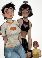 1boy 2021 2girls big_breasts black_hair blue_eyes blush breasts choker danny_fenton danny_phantom female genderswap genderswap_(mtf) goth male mossa nickelodeon no_bra open_mouth purple_eyes rule_63 sam_manson see-through see-through_clothing see-through_shirt surprised tucker_foley wardrobe_malfunction wet_shirt wet_t-shirt white_background