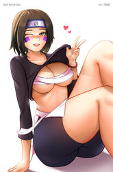 1girls bandage bare_legs big_breasts blush brown_hair brunette brunette_hair cleavage clothed clothing face_markings female female_only hearts konohagakure_symbol kunoichi myst naruto naruto_(series) naruto_shippuden nohara_rin one_eye_closed peace_sign purple_markings shirt_lift smile solo thick_thighs thighs underboob wink yhw