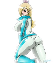 1girls ass back_view blonde_hair blue_eyes blush bodysuit boots clothed crown earrings female female_only fishywishy hair_over_one_eye large_breasts looking_at_viewer looking_back mario_(series) mario_kart princess_rosalina scarf skin_tight smile solo thick_lips white_background