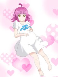 blue_bow bow dress female love_live! love_live!_nijigasaki_high_school_idol_club pink_hair pregnant self_upload solo tennouji_rina white_dress yellow_eyes