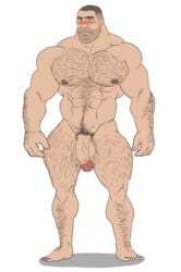 1boy abs bara big_hands buzz_cut embarrassed full_body hair hairy hairy_arms hairy_chest hairy_legs hairy_male male male_only muscles muscular muscular_male nude penis sniperstalker soldier_(team_fortress_2) solo team_fortress_2