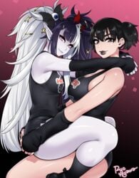 2girls black_hair black_lipstick brown_eyes draculita_(vtuber) embrace fangs female female_only fingerless_gloves gloves goth hair_decoration hands_on_ass hooters hooters_uniform large_breasts lipstick long_hair looking_at_viewer pale_skin pink_eyes pointy_ears real_person ryo_agawa side_ponytail sitting_on_lap smile succubus susu_jpg swimsuit_succubus tank_top tied_hair twintails two_tone_hair vampire virtual_youtuber white_hair white_skin yuri