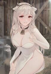 1girls bell_collar blush breasts chowbie cleavage clothed cow_girl cow_horns female female_only large_breasts long_hair looking_at_viewer original revealing_clothes thighs white_hair