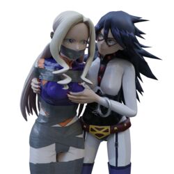 2girls 3d 3d_(artwork) arms_behind_back bondage bound_arms bound_legs breast_grab breasts corset female female_only femdom femsub gag gagged groping groping_breasts latex latex_suit maledecten midnight_(my_hero_academia) mount_lady my_hero_academia nemuri_kayama restrained tape_bondage tape_gag taped_arms taped_legs taped_mouth white_background yuri yuu_takeyama