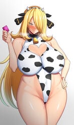 1girls absurd_res big_breasts blush breasts condom cow_bikini cow_ears cow_horns cow_print curvy_figure cynthia_(pokemon) eye_contact female genital_fluids grey_eyes hair_ornament half-closed_eyes heavy_breathing high_resolution holding_condom huge_breasts long_hair looking_at_viewer looking_pleasured mature_female nintendo pokemon pokemon_dppt solo standing sweat tanaken thick_thighs voluptuous wide_hips