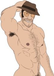 abs armpit_hair bara hair hat nipples sniper_(team_fortress_2) sniperstalker solo solo_male sunglasses_on_head team_fortress_2