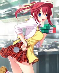 akino_subaru apron blue_eyes breasts employee_uniform fast_food_uniform female fingernails hatsukoi_1/1 highres indoors kitchen looking_at_viewer looking_back medium_breasts miniskirt panties pantyshot pizza_box pizza_cutter plaid plaid_skirt red_hair skirt solo tsukishima_kyo tsukishima_kyou underwear uniform upskirt visor_cap white_panties