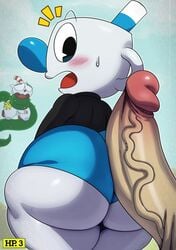 ass big_ass big_butt blue_eyes blue_nose blue_sweater blush brown_eyes cagney_carnation cuphead cuphead_(game) fat_ass fat_butt femboy gloves grim_matchstick huge_ass huge_butt male male_only males_only mugman penis red_nose red_shorts red_sweater sqoon sssonic2 sweat sweater testicles yellow_gloves