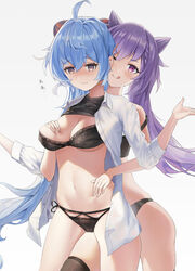 2girls ahoge black_bra black_panties blue_hair blush braid breast_grab breasts cameltoe cleavage clothes_lift collared_shirt ganyu_(genshin_impact) genshin_impact grabbing grabbing_breasts groping hair_cones heart-shaped_pupils horn horns keqing_(genshin_impact) large_breasts leg_between_thighs licking_lips lingerie looking_at_viewer multiple_girls one_eye_closed open_clothes panties purple_eyes purple_hair shirt shirt_lift side-tie_panties smile squeezing_breast strap_slip thigh_against_crotch thighhighs tongue tongue_out twintails underwear wavy_mouth yuri