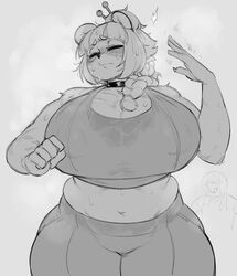 1girls anthro big_breasts breasts choker closed_eyes female female_only huge_ass huge_breasts krekk0v krekkball midriff monochrome nuwa_nightstone panda sweat sweat_stain sweating thick_thighs wide_hips