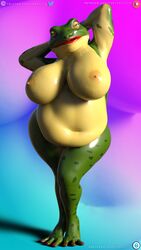 amphibian anthro beatrice_(loneclaw) belly big_belly big_breasts breasts chubby_anthro chubby_female daz3d daz_3d daz_studio female frog hi_res huge_breasts loneclaw overweight overweight_anthro overweight_female pose post_vore smile solo thick_thighs vore weight_gain wide_hips