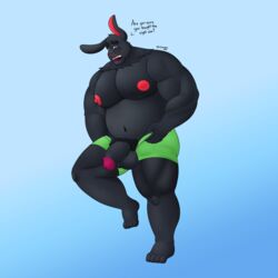 anthro belly big_belly black_body black_eyes black_fur black_penis clothing fur genitals green_clothing half-erect hi_res lagomorph leporid male male_focus male_only male_solo mammal musclegut muscular muscular_anthro muscular_male overweight overweight_anthro overweight_male penis putting_on_clothes rabbit rionmaro solo solo_male underwear