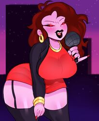 1girls big_breasts cinnabus cleavage color earrings female female_only friday_night_funkin garter_straps jewelry looking_at_viewer microphone mommy_mearest nail_polish pink_skin red_eyes thick_thighs thighhighs thighs voluptuous