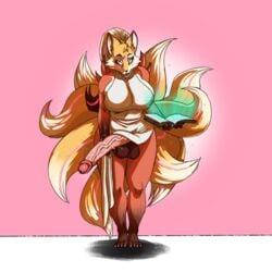 1futa akane_(candescence) anonymous_artist balls bottomless breasts canid canine clothed clothing fox furry futa_only futanari genitals hi_res humanoid_penis intersex looking_at_viewer magic magic_user mammal penis skindentation solo standing