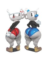 2boys 2femboys ass big_ass big_butt black_sweater blue_eyes blue_nose blue_shorts blue_sweater blush brown_shoes bubble_ass bubble_butt cuphead cuphead_(game) fat_ass fat_butt femboy feminine_male footwear gay girly gloves handwear huge_ass huge_butt male male_only males_only mugman penis red_nose red_shorts shorts sqoon sssonic2 sweater white_background white_gloves