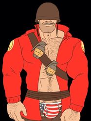 1boy abs bandolier bara bulge cummerbund flaccid flaccid_penis grenades hairy_chest helmet_over_eyes human jacket male_only open_jacket pants_down penis_under_clothes pubic_hair_peek remert sniperstalker soldier_(team_fortress_2) solo solo_male team_fortress_2 underpants